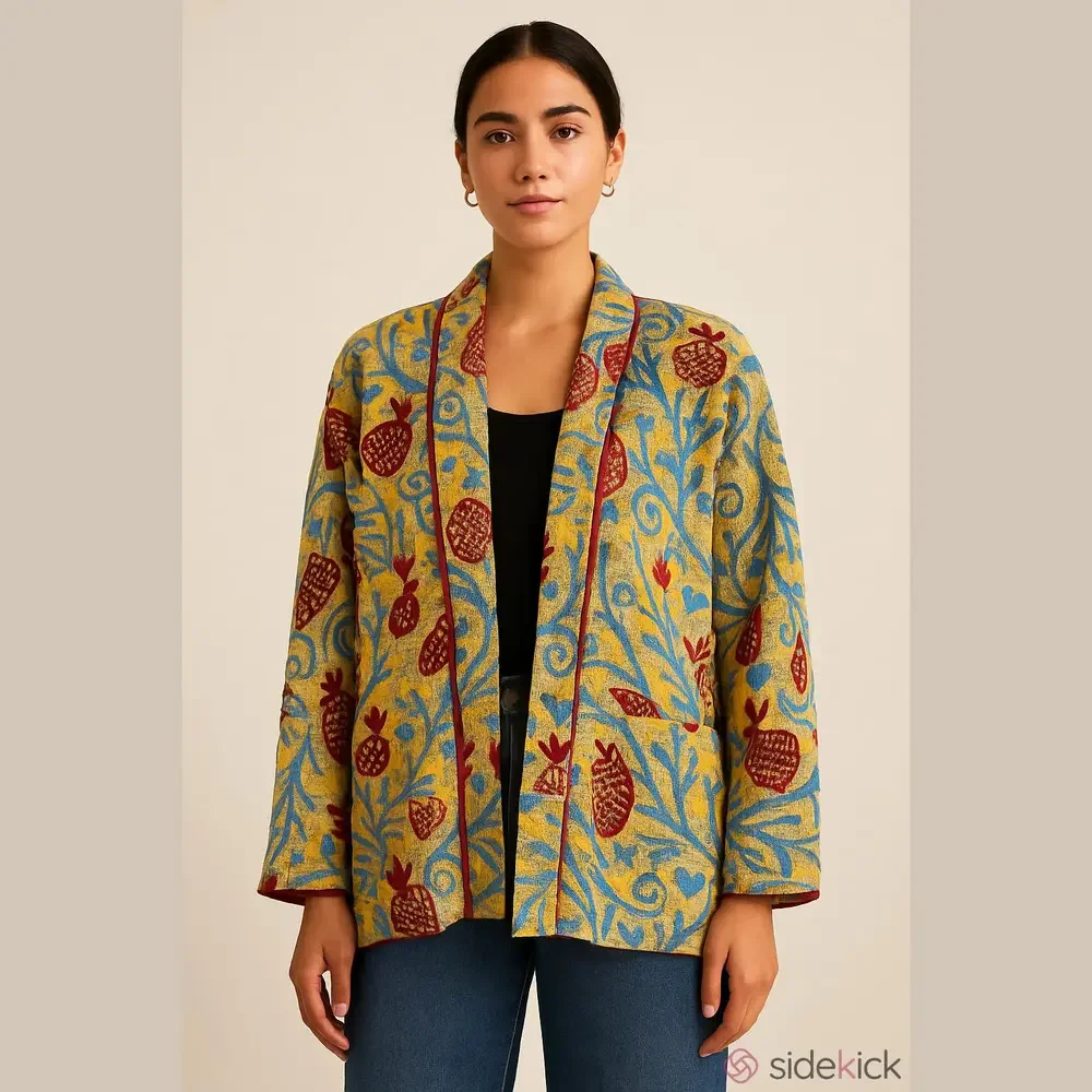 Embroidered Floral Open-Front Jacket in Yellow and Red - Picture 1 of 5